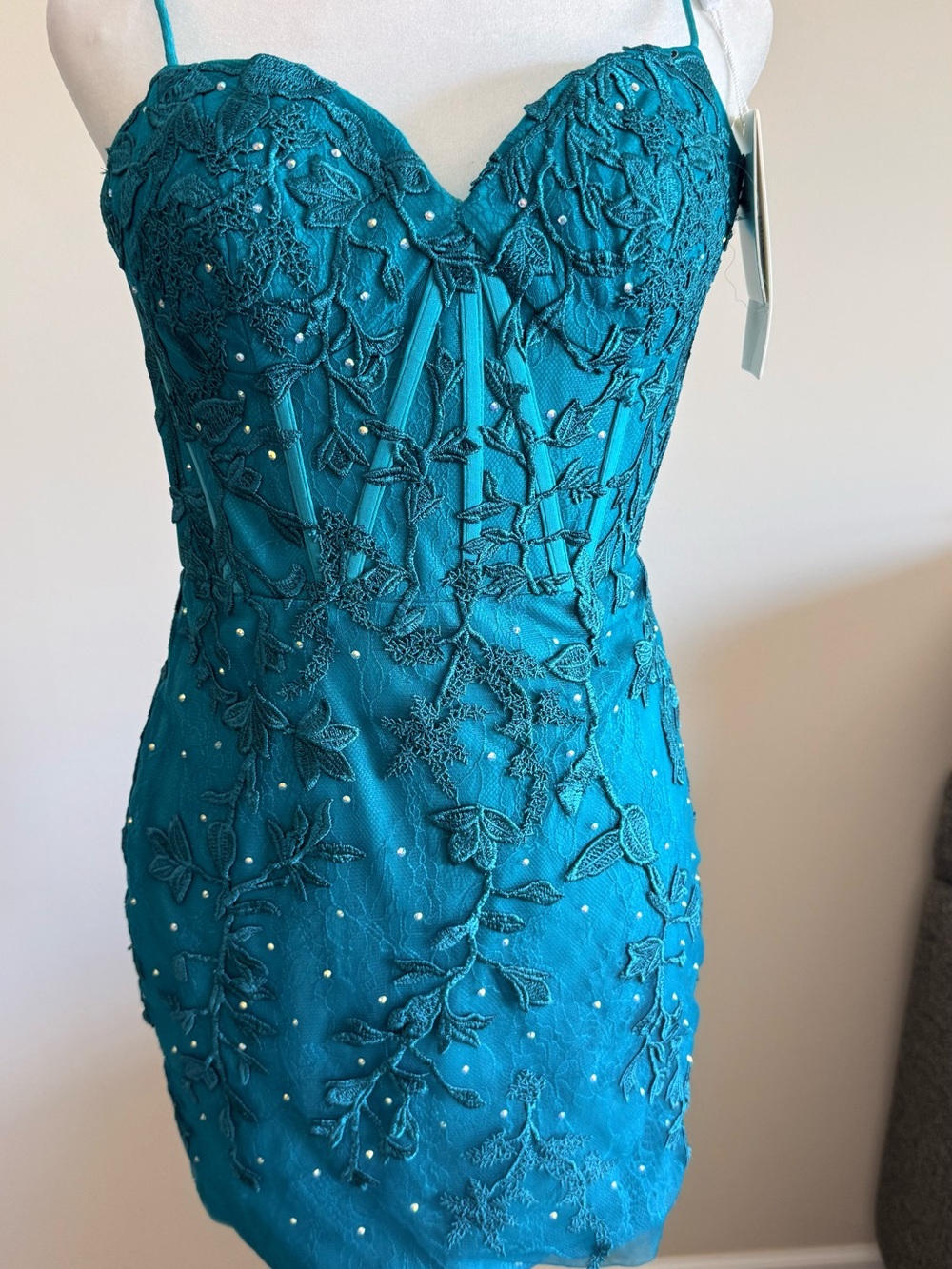 NWT Stacees Teal Corset Embroidered homecoming Bodycon Dress Sz 4